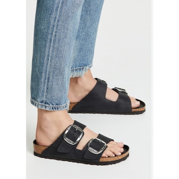 Birkenstock Arizona Womens Leather Sandals Black Double Buckle Comfort Slides 37 - Picture 1 of 14